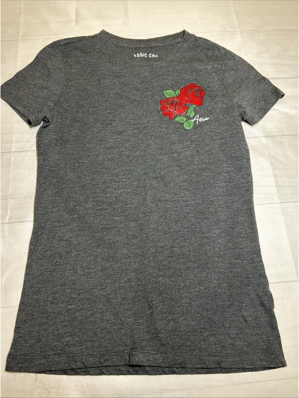 Aeropostale Classic Crew Tee M Charcoal Gray Velour Rose Logo Slim Fit Y2K